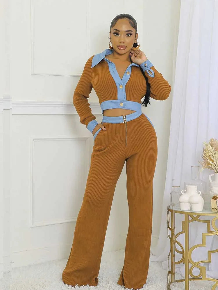 FZ Women's Long Sleeve Polo Cotton Ribbed 2 Piece Pants Suit