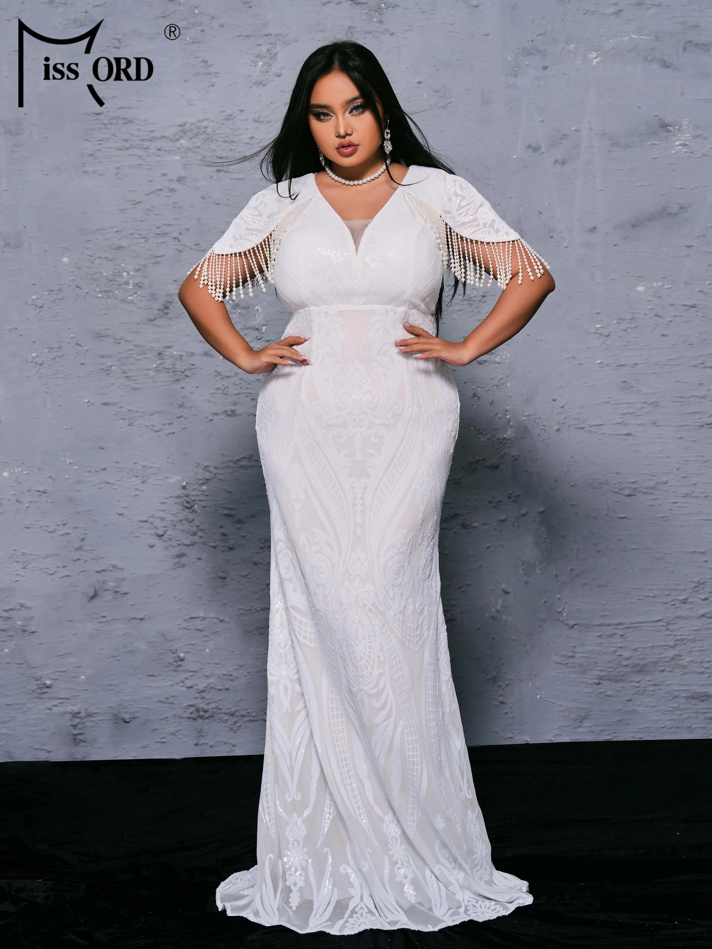 FZ Women's Plus Size V Neck Tassel Mermaid Evening Dress