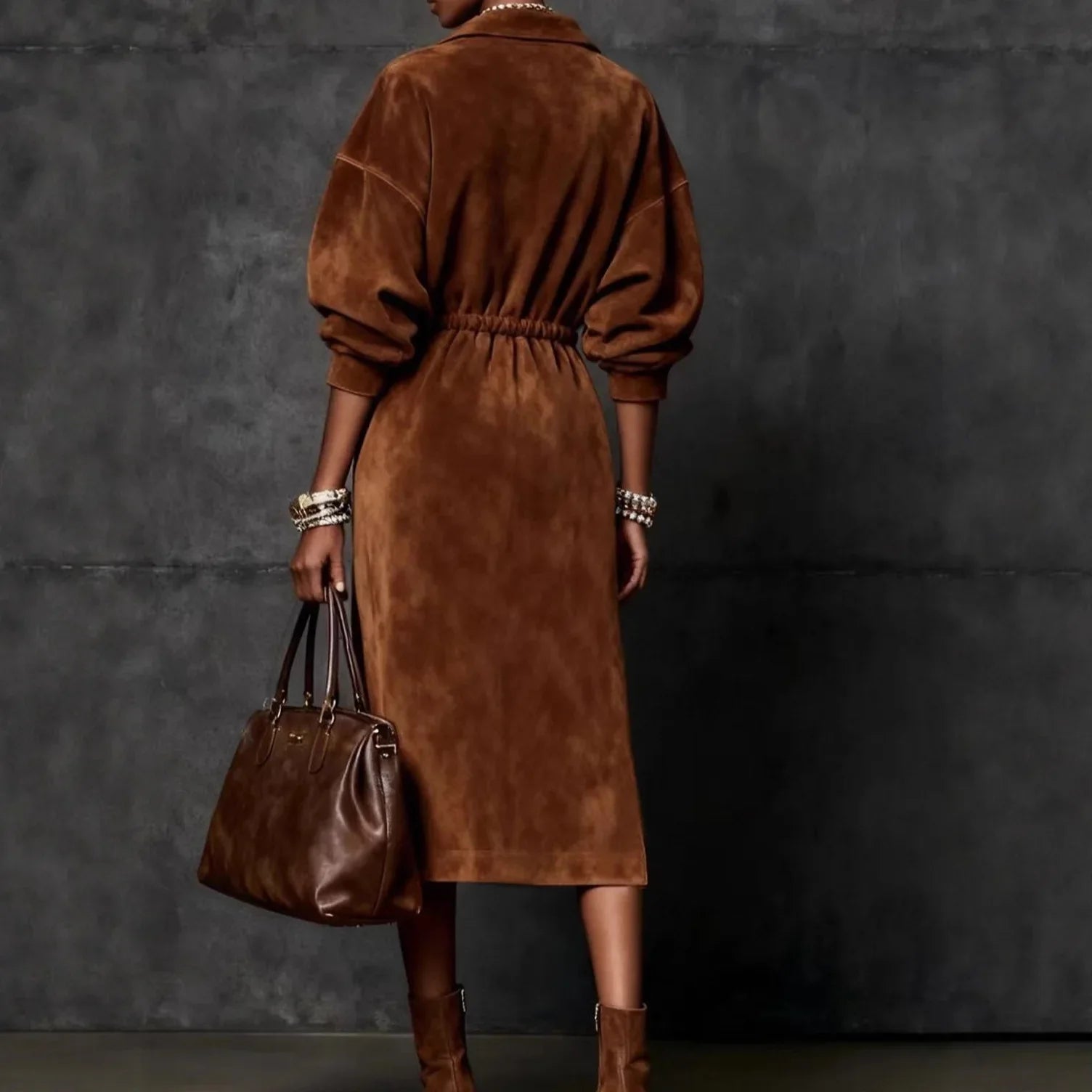 FZ Women's Suede Velvet Drawstring Solid Vintage  Split Hem Midi Dress