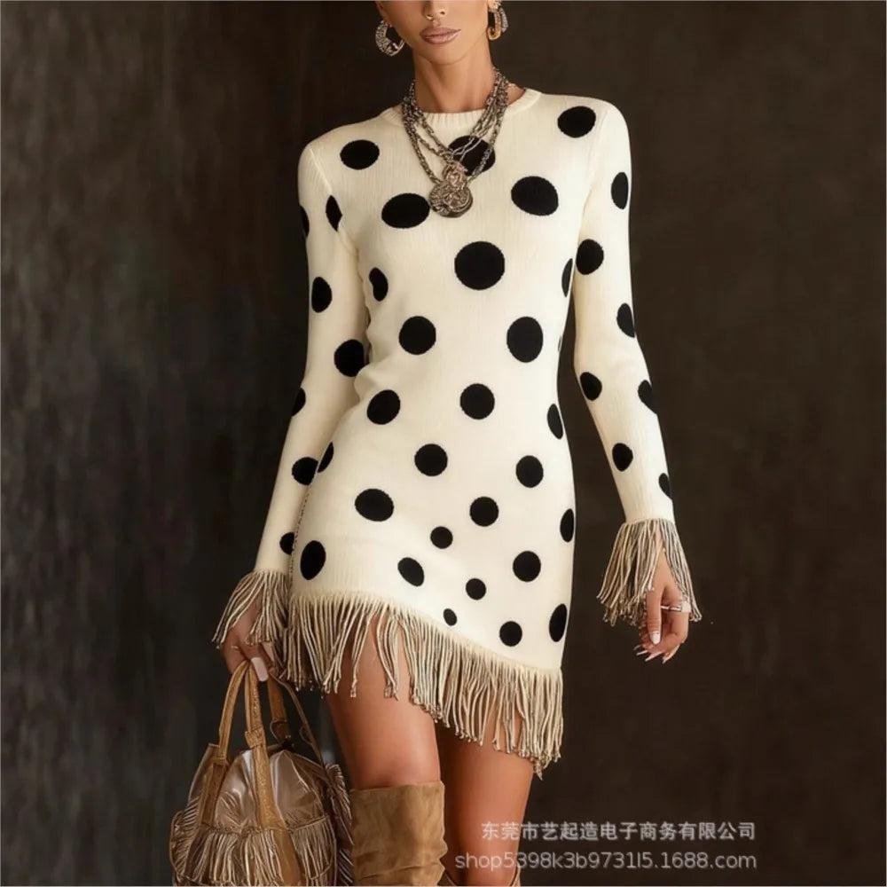 FZ Women's Retro Print Tassel Slim Fit O Neck  Mini Knitted Sweater Dress