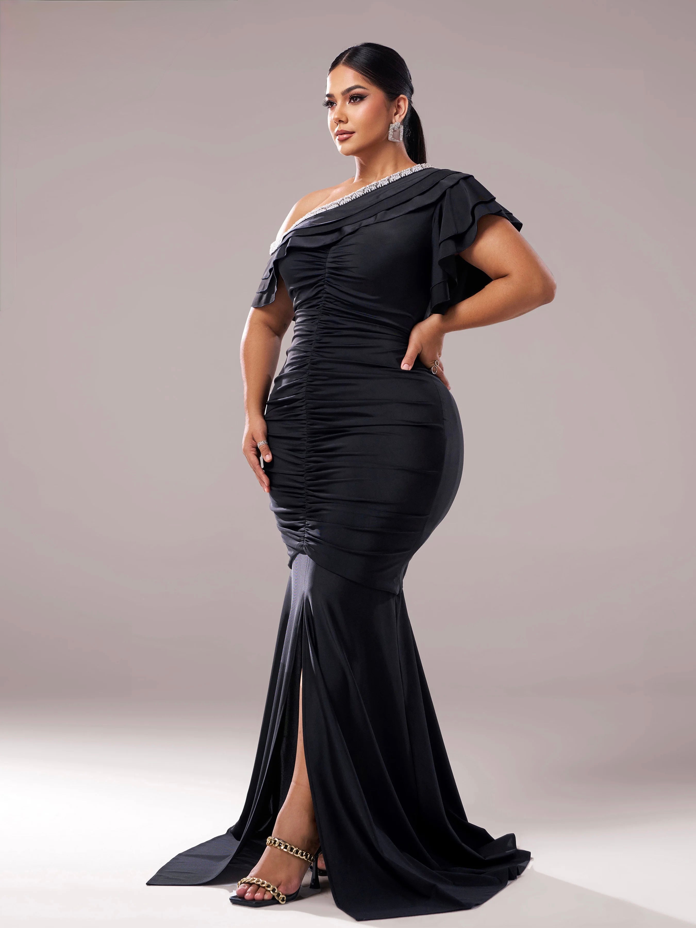 FZ Women's Plus Size One Shoulder Ruched Maxi Evening Dress