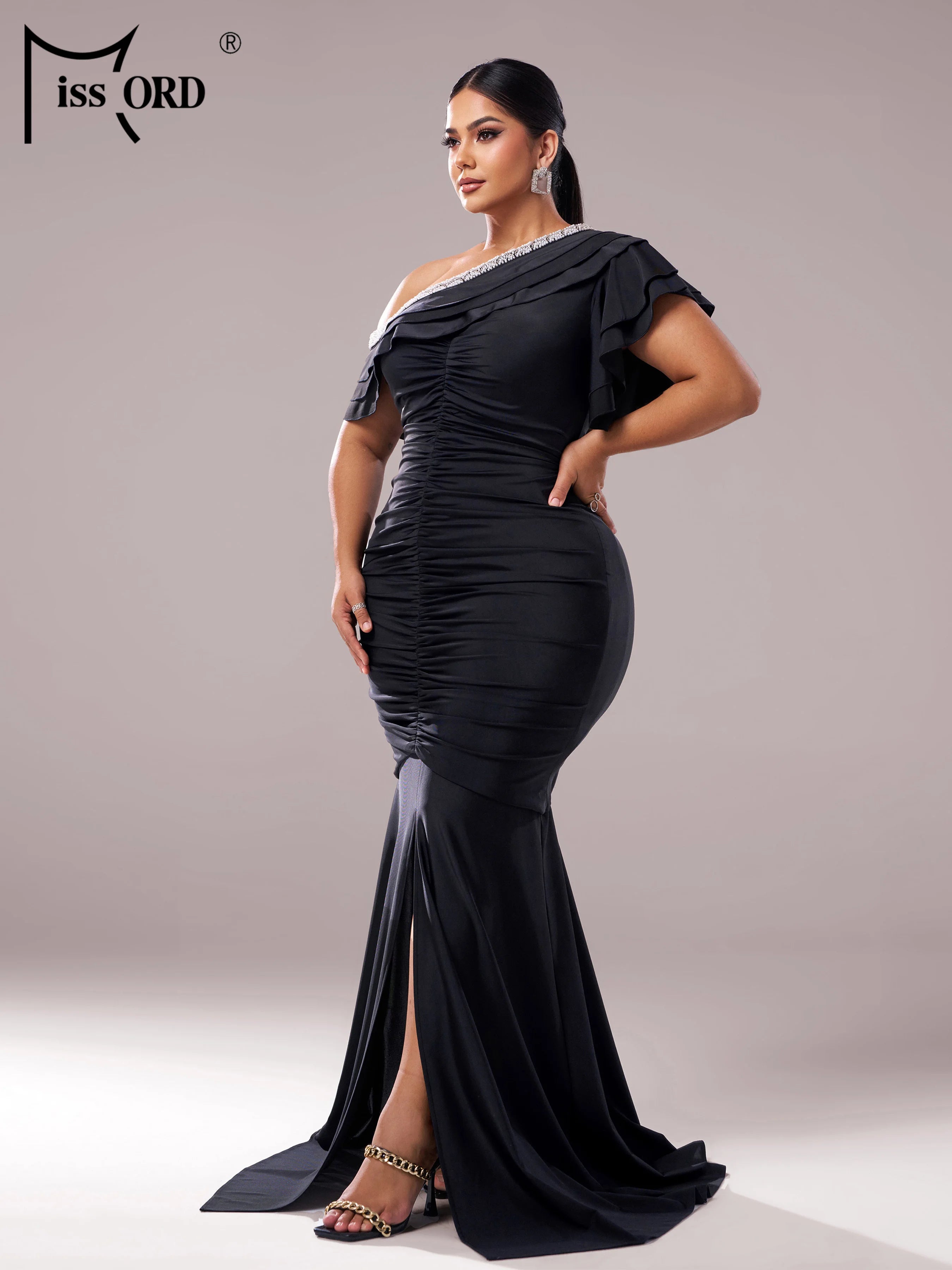 FZ Women's Plus Size One Shoulder Ruched Maxi Evening Dress