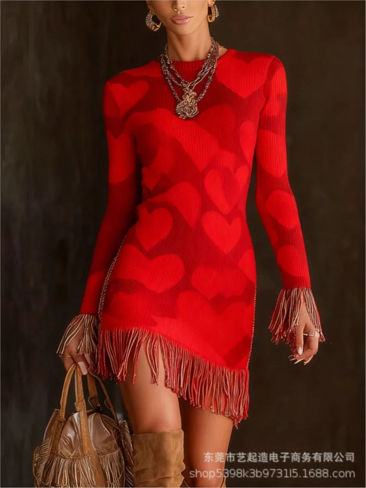 FZ Women's Retro Print Tassel Slim Fit O Neck  Mini Knitted Sweater Dress