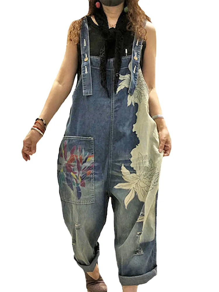 FZ Women's Fashion Printed Denim Vintage Loose Jumpsuit - FZwear