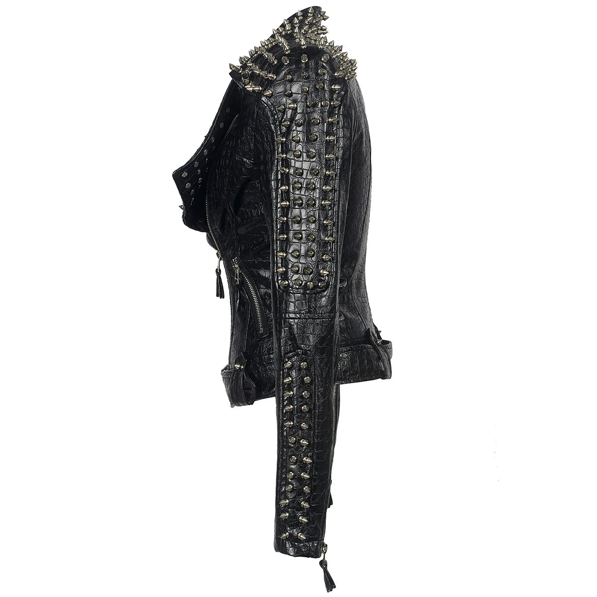 FZ Women's Steampunk Rock Rivet Slim Gothic Embroidery PU Leather Jacket