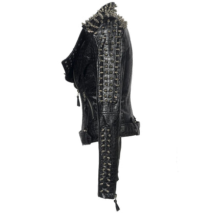 FZ Women's Steampunk Rock Rivet Slim Gothic Embroidery PU Leather Jacket - FZwear