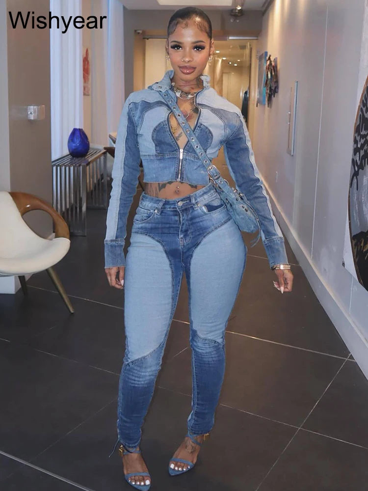 FZ Women's Vintage Patchwork Pencil 2 Piece Denim Pants Suit