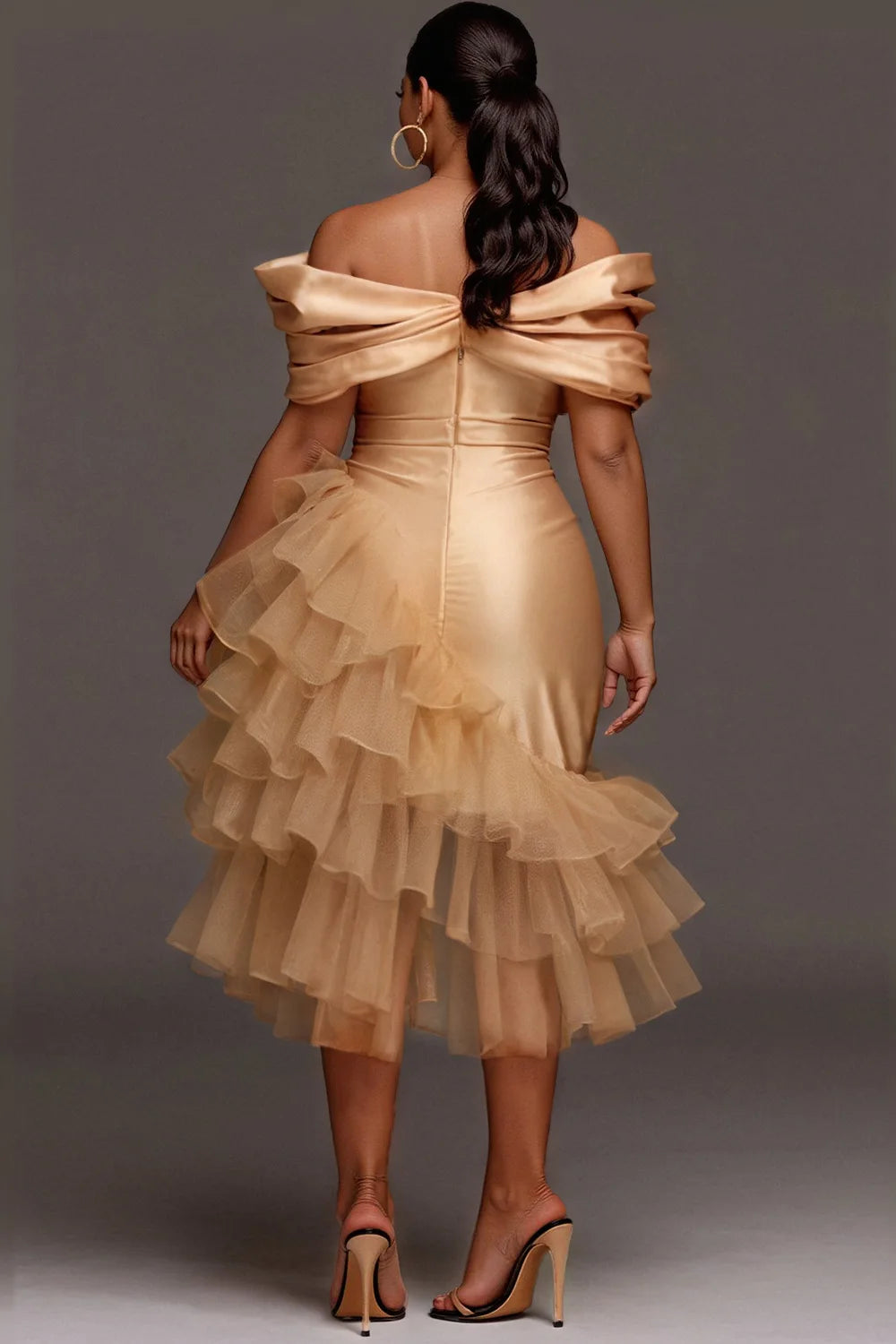 FZ Women's Plus Size Off The Shoulder Ruffle Contrast Satin Midi Evening Dress