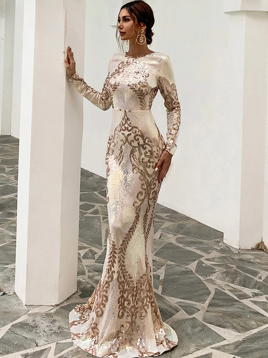 FZ Women's O Neck Long Sleeves Sequin Backless Maxi Mermaid Evening Dress