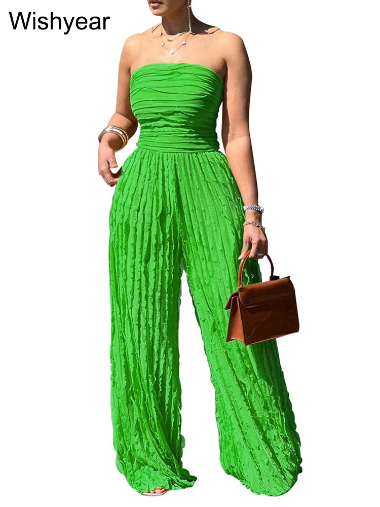 FZ Women's Ruched Strapless Wide Leg One Piece Jumpsuit