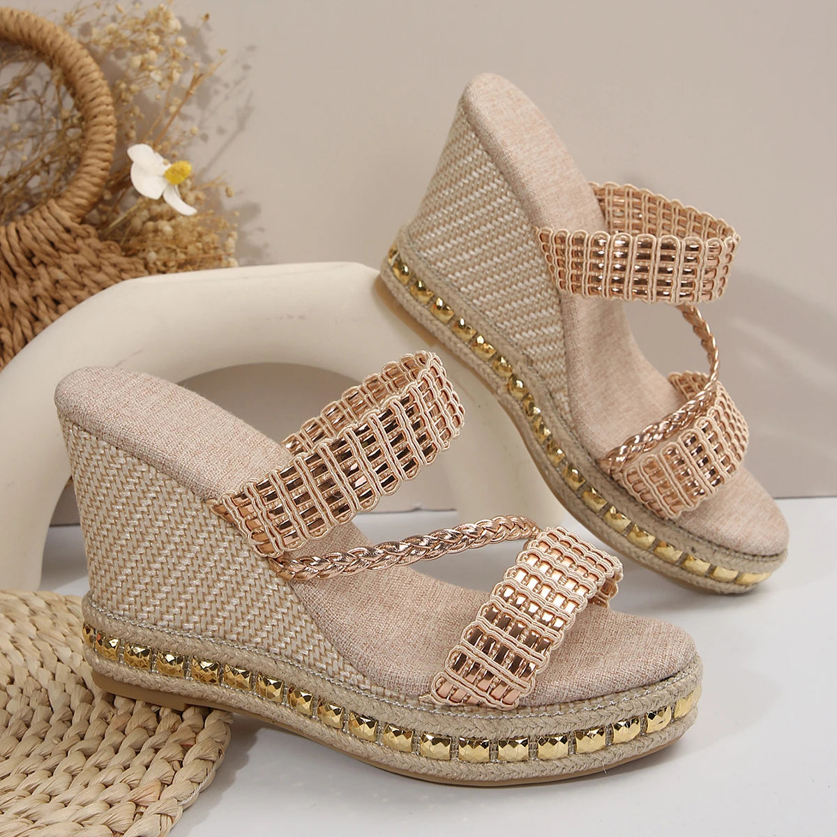 FZ Women's Gold Weaving Wedge Rivet Decoration Chunky Platform Sandals - FZwear