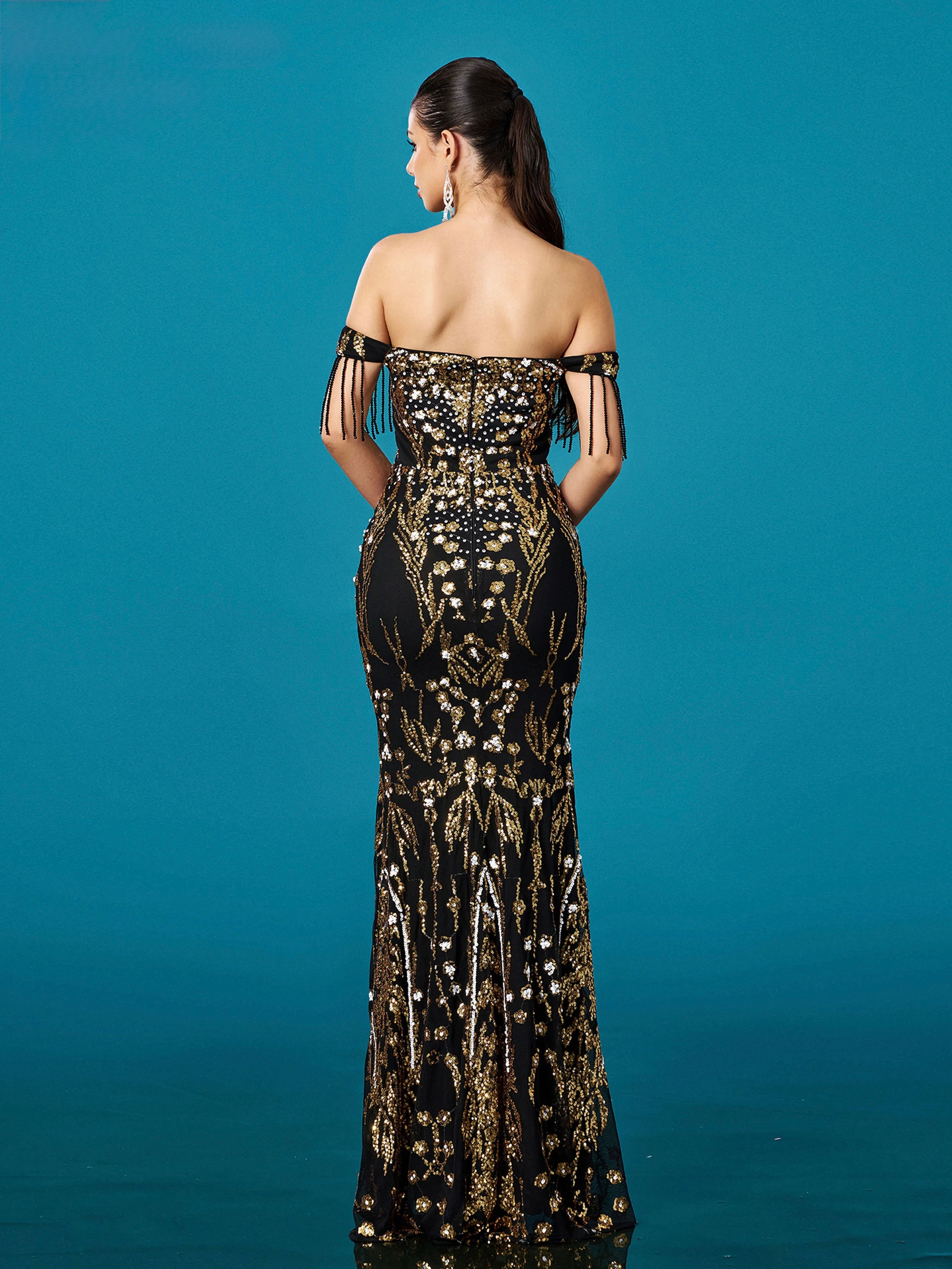 FZ Women's Off Shoulder Sequin Mermaid Floor Length Evening Dress