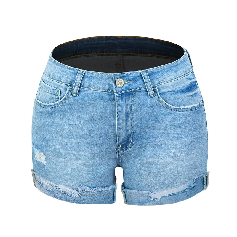 FZ Women's Elastic High Waist Loose Hole Denim Shorts