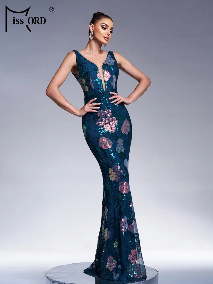 FZ Women's V Neck Sleeveless Sequin Mermaid Evening Dress