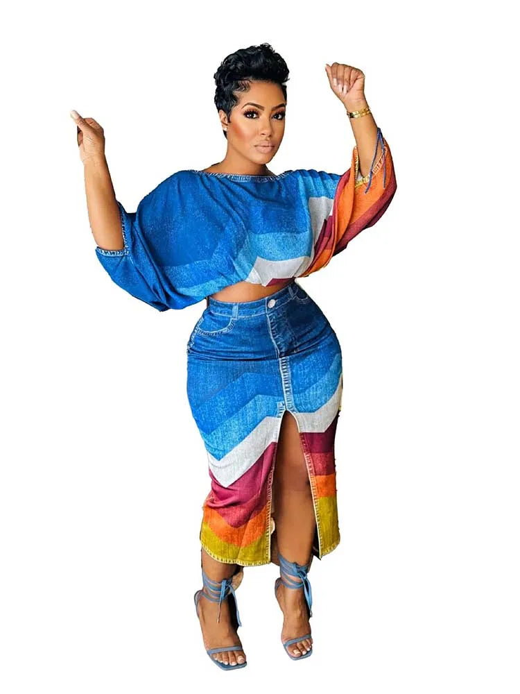 FZ Women's Streetwear Open Split 2 Piece Denim Print Skirt Suit