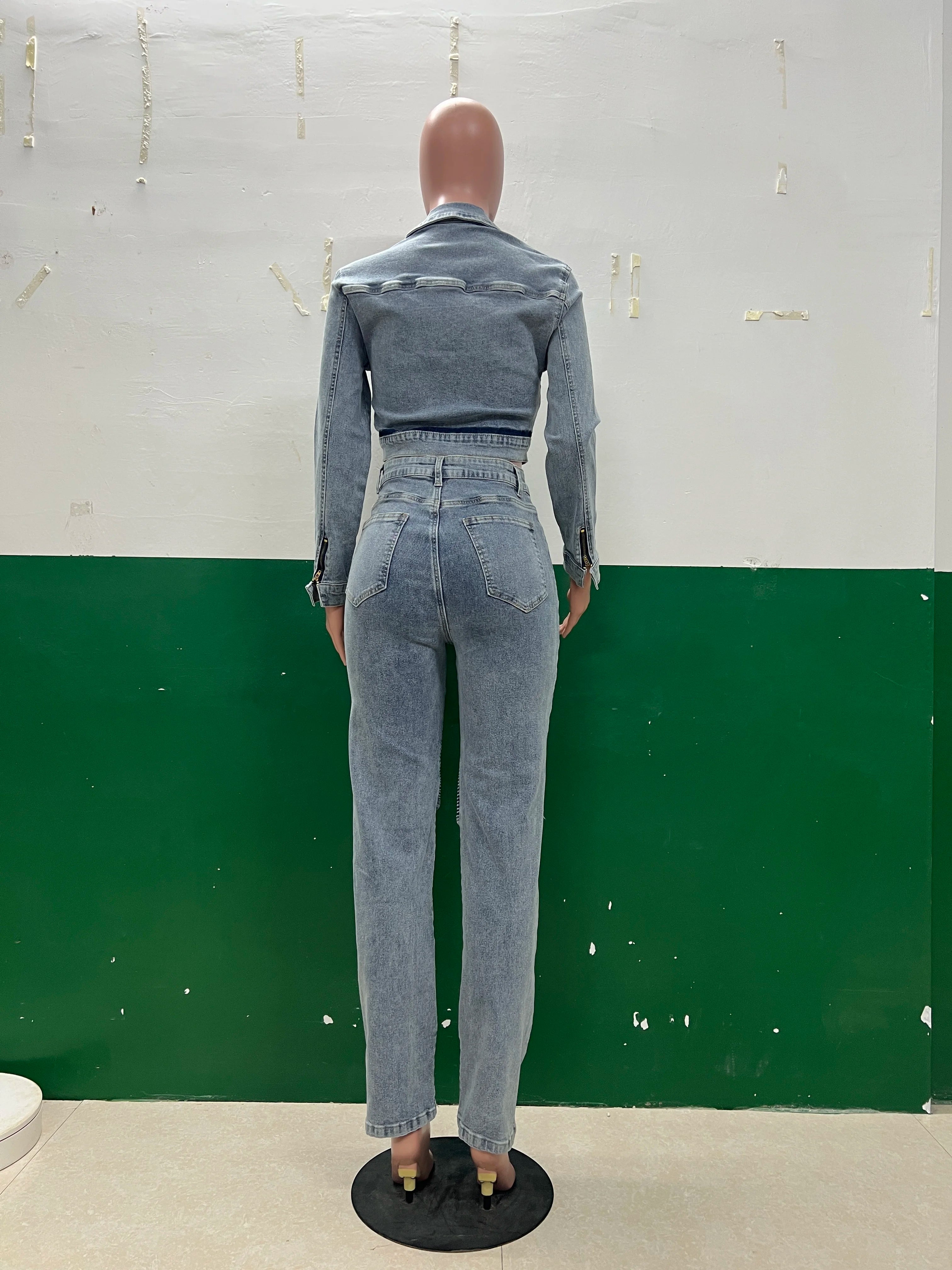 FZ Women's  Y2K Streetwear Pencil Two Piece Denim Pants Suit