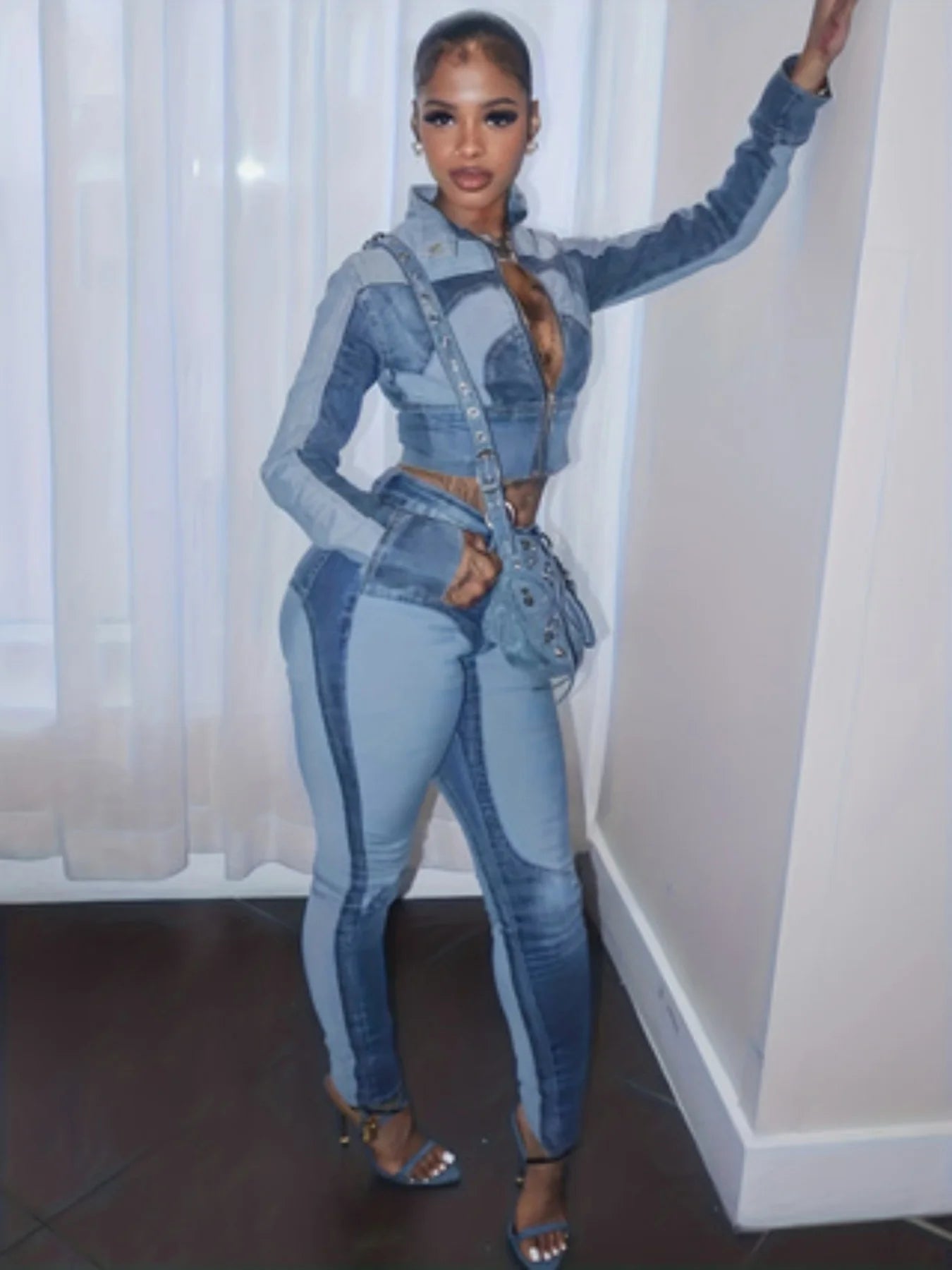 FZ Women's High-Elasticity With A Faux Collar Slim-Fit Denim Suit