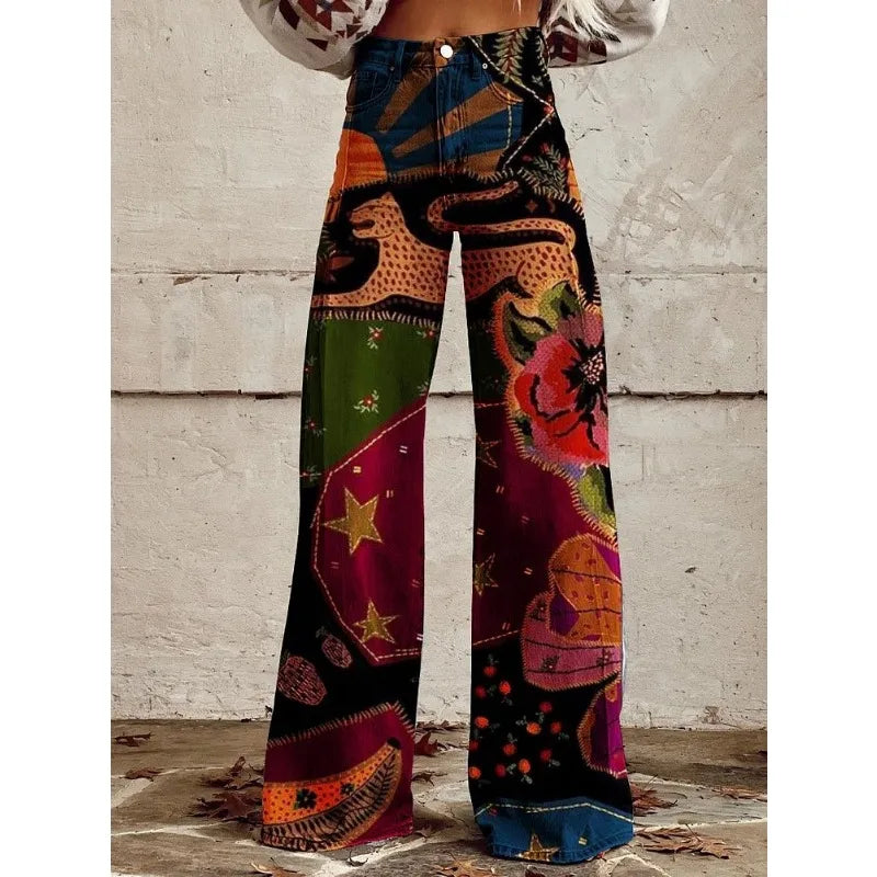 FZ Women's Vintage Flower Print Wide Leg Leopard Aztec Streetwear Bohemia Pants - FZwear