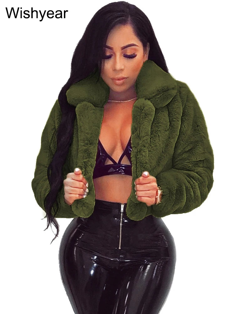 FZ Women's Faux Fur Open Stitch Lapel Crop Winter Fluffy Jacket