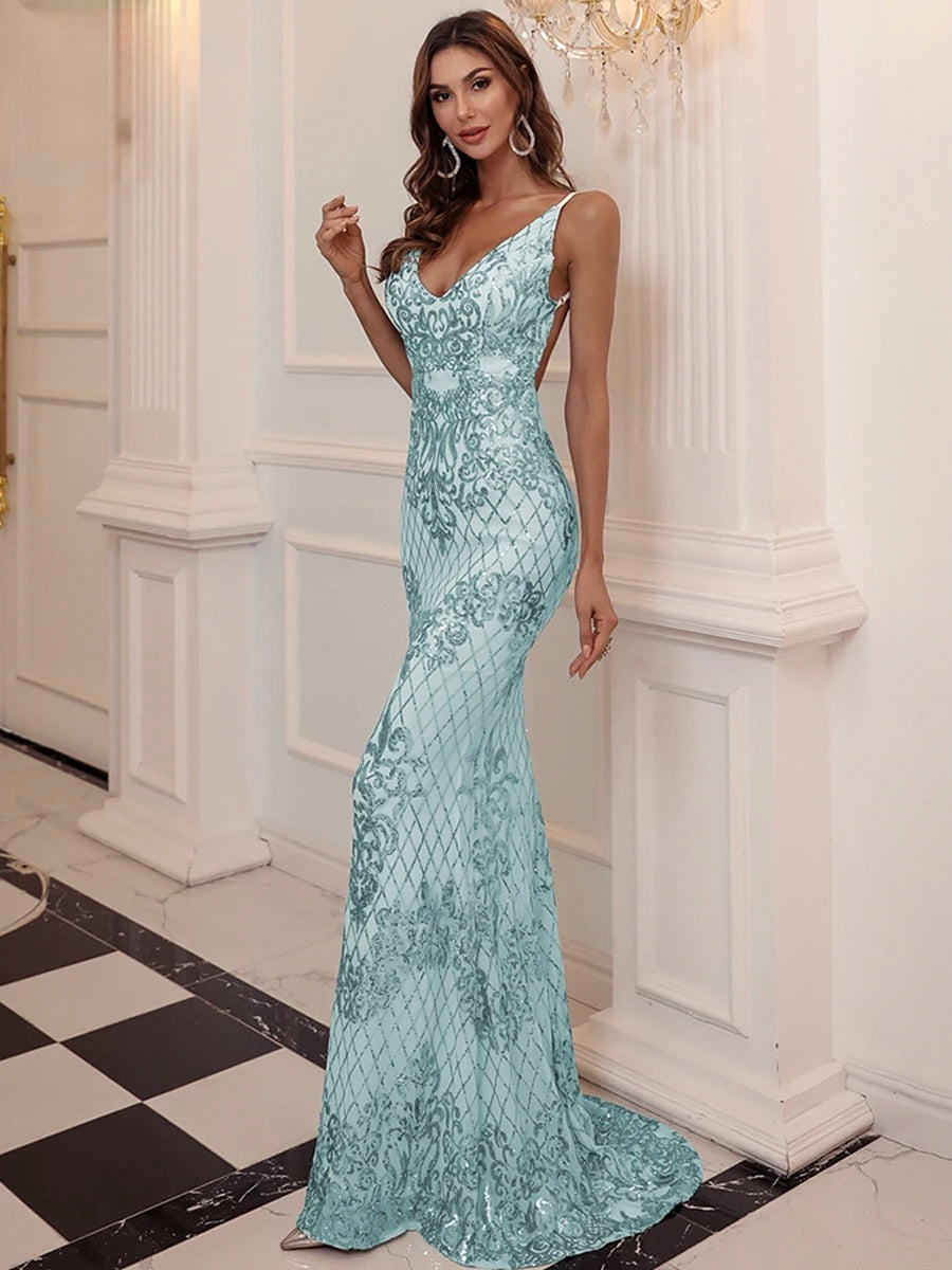 FZ Women's Sequin Spaghetti Strap V Neck Backless Mermaid Evening Dress