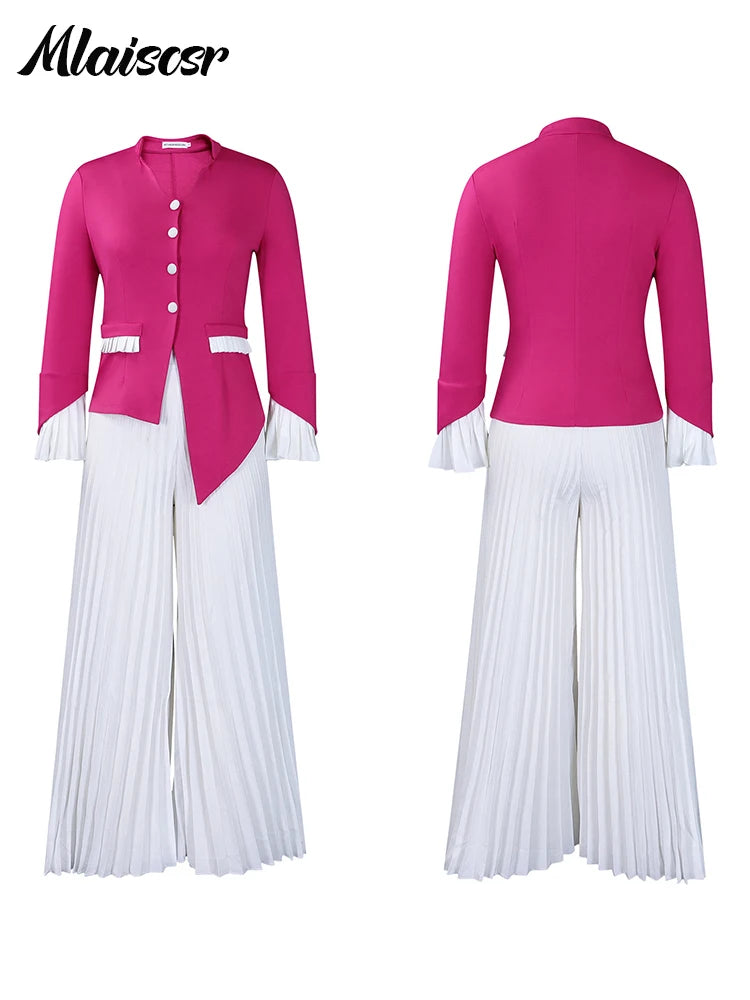 FZ Women's Flared Sleeve Pleated Wide Leg 2 Two Piece Pants Suit