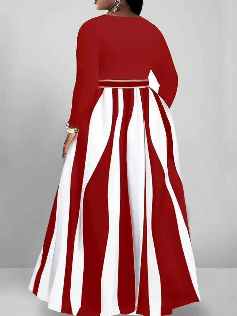 FZ Women's Plus-Size V-neck long-sleeved striped color-block dress