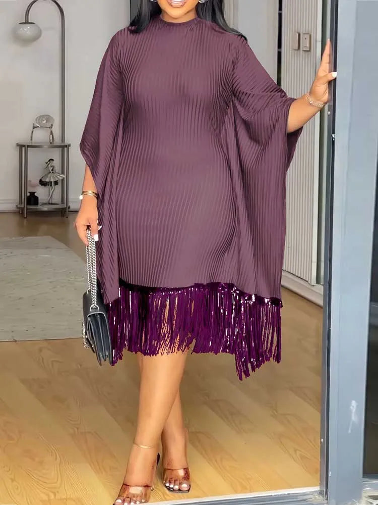 FZ Women's Tassel Sequin Stretchy Batwing Sleeves French Style Knitted Dress