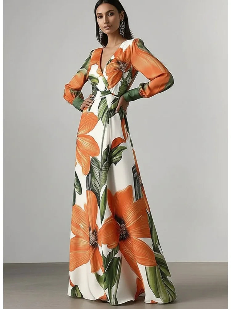 FZ Women's Tropical Floral Print V-Neck Long Sleeve Wrap Maxi Dress