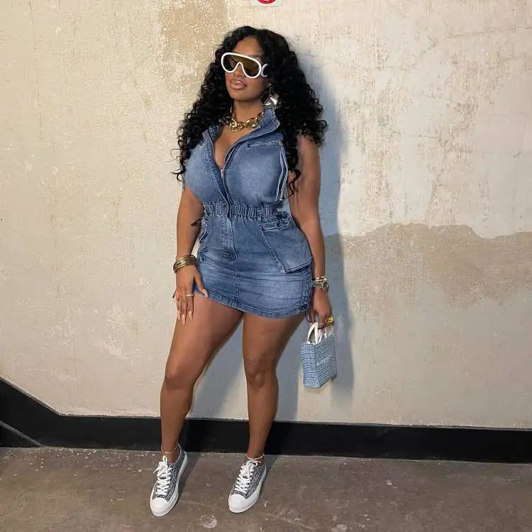 FZ Women's  Blue Elastic Waist Sleeveless Mini Denim Dress - FZwear