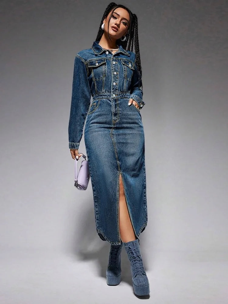 FZ Women's Long Sleeve Maxi Streetwear Denim Dress