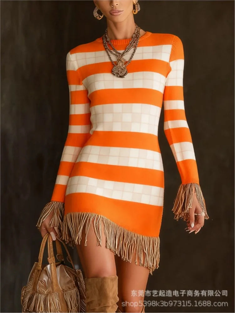 FZ Women's Retro Print Tassel Slim Fit O Neck  Mini Knitted Sweater Dress