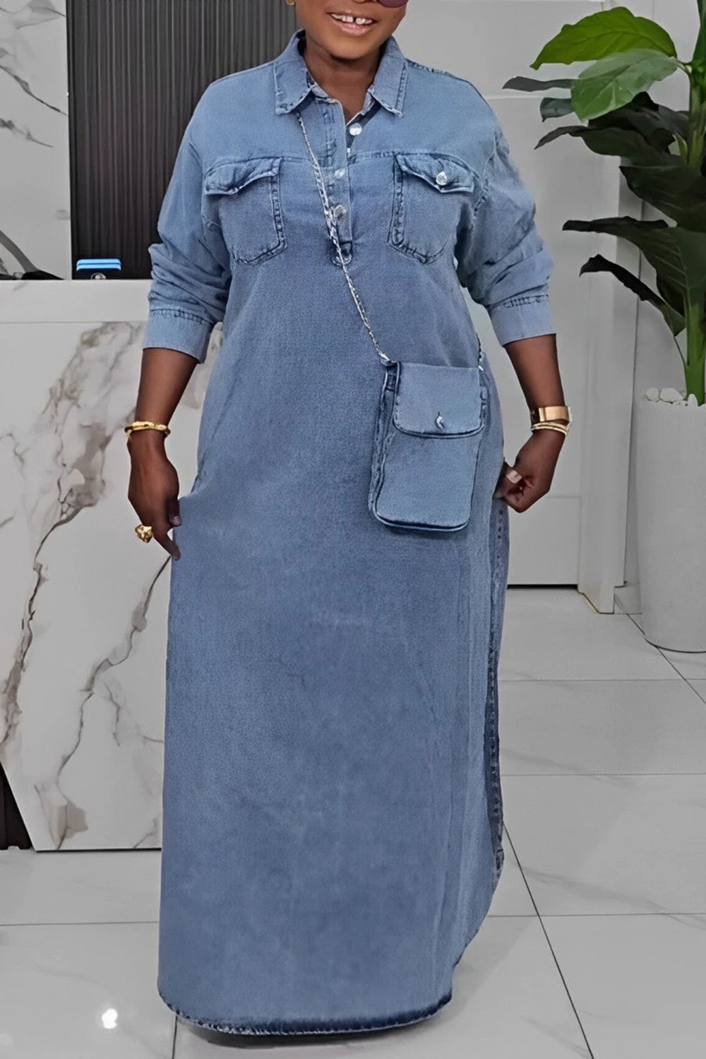 FZ Women's Plus Size Shirt Collar Long Sleeve Button Pocket Maxi Denim Dress