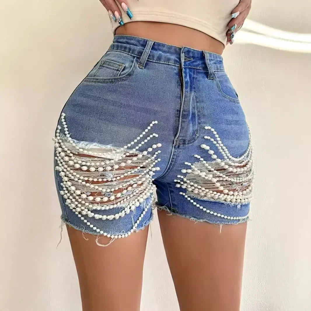 FZ Women's Ripped Pearl Chain Pockets High Waist Denim Shorts