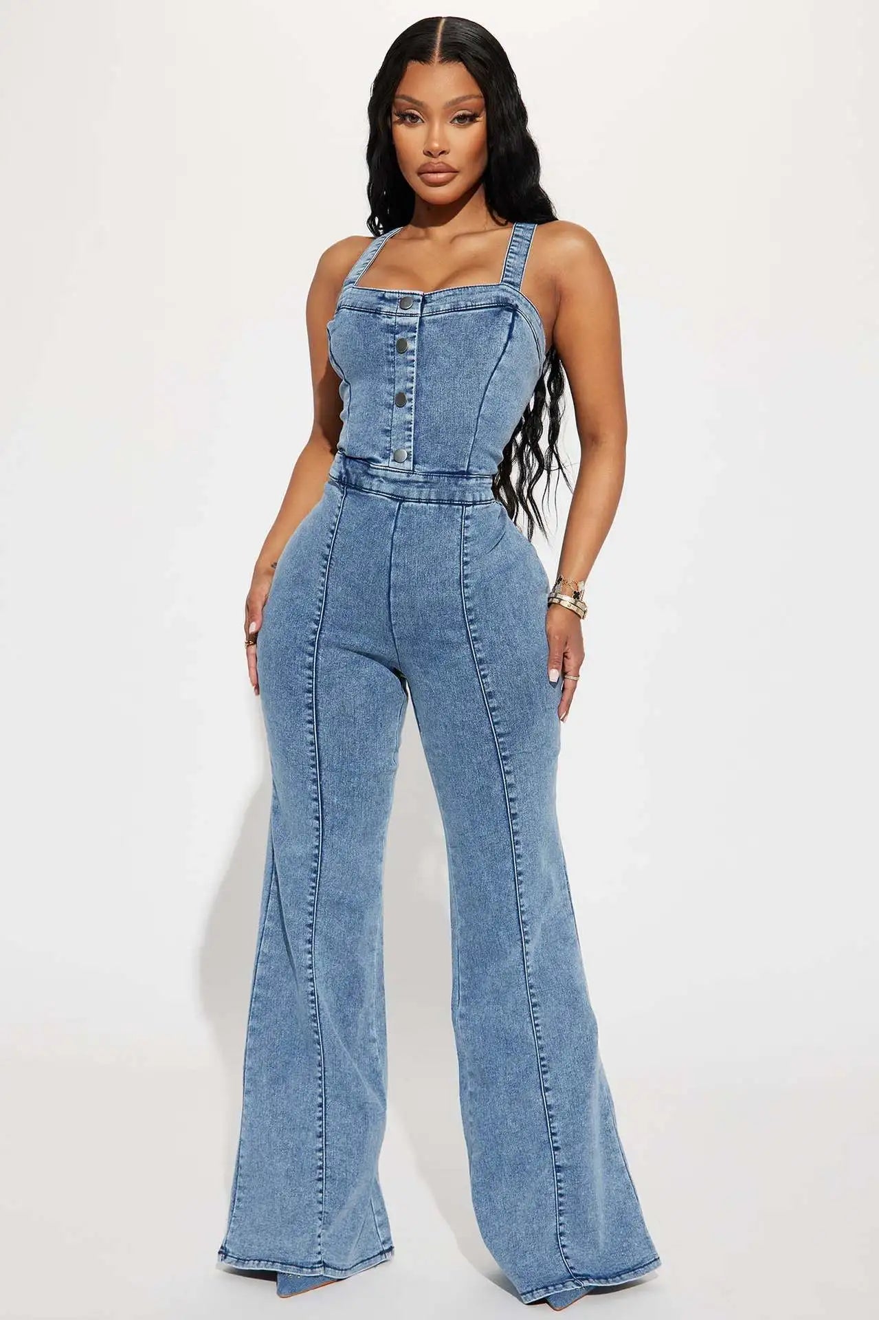 FZ Women's Sexy Strap Wide Leg Pants Flare Denim Jumpsuit