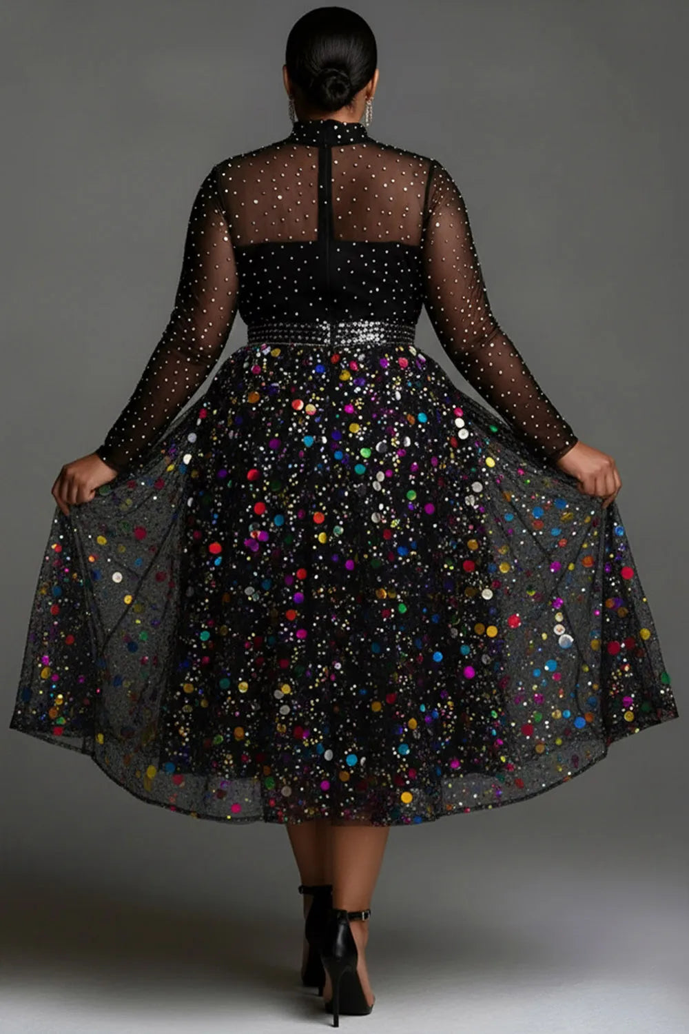 FZ Women's Plus Size Tulle Multicolor Mock Neck Midi Dress
