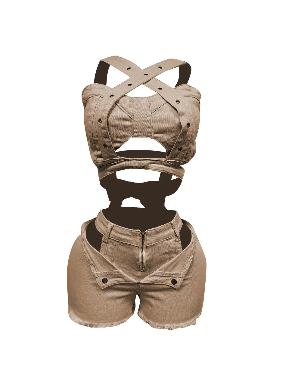 FZ Women's Wrap Strap Two 2 Piece Cutout Denim Shorts Suit