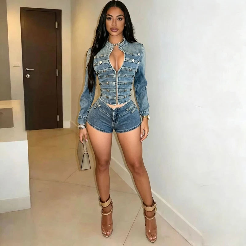 FZ Women's 2 Piece Stretch Long Sleeve High Waist Denim Shorts Suit