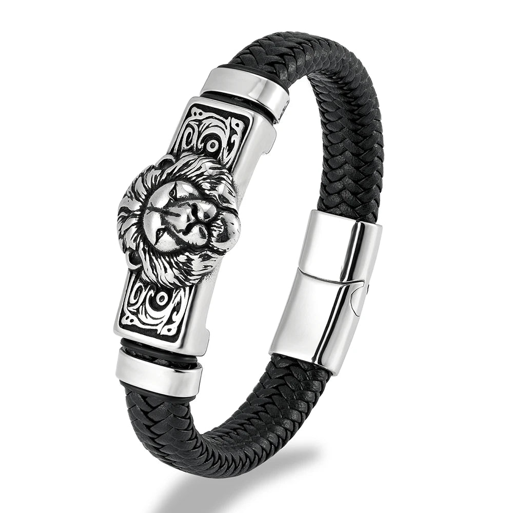 FZ Punk Lion Braided Genuine Leather Stainless Steel Magnetic Buckle Bracelet