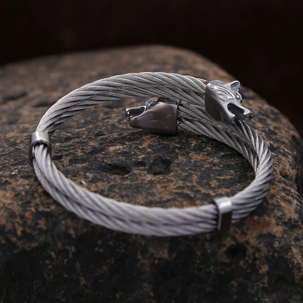 FZ Norse Viking Double Wolf Head Biker Stainless Steel Vintage Bracelet