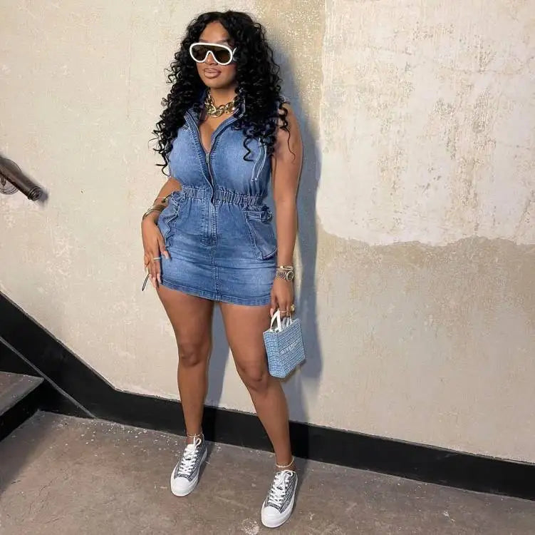 FZ Women's  Blue Elastic Waist Sleeveless Mini Denim Dress - FZwear