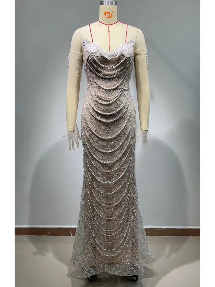 FZ Women's Luxury Sexy Strapless Backless Pearl Sequins Evening Dress - FZwear