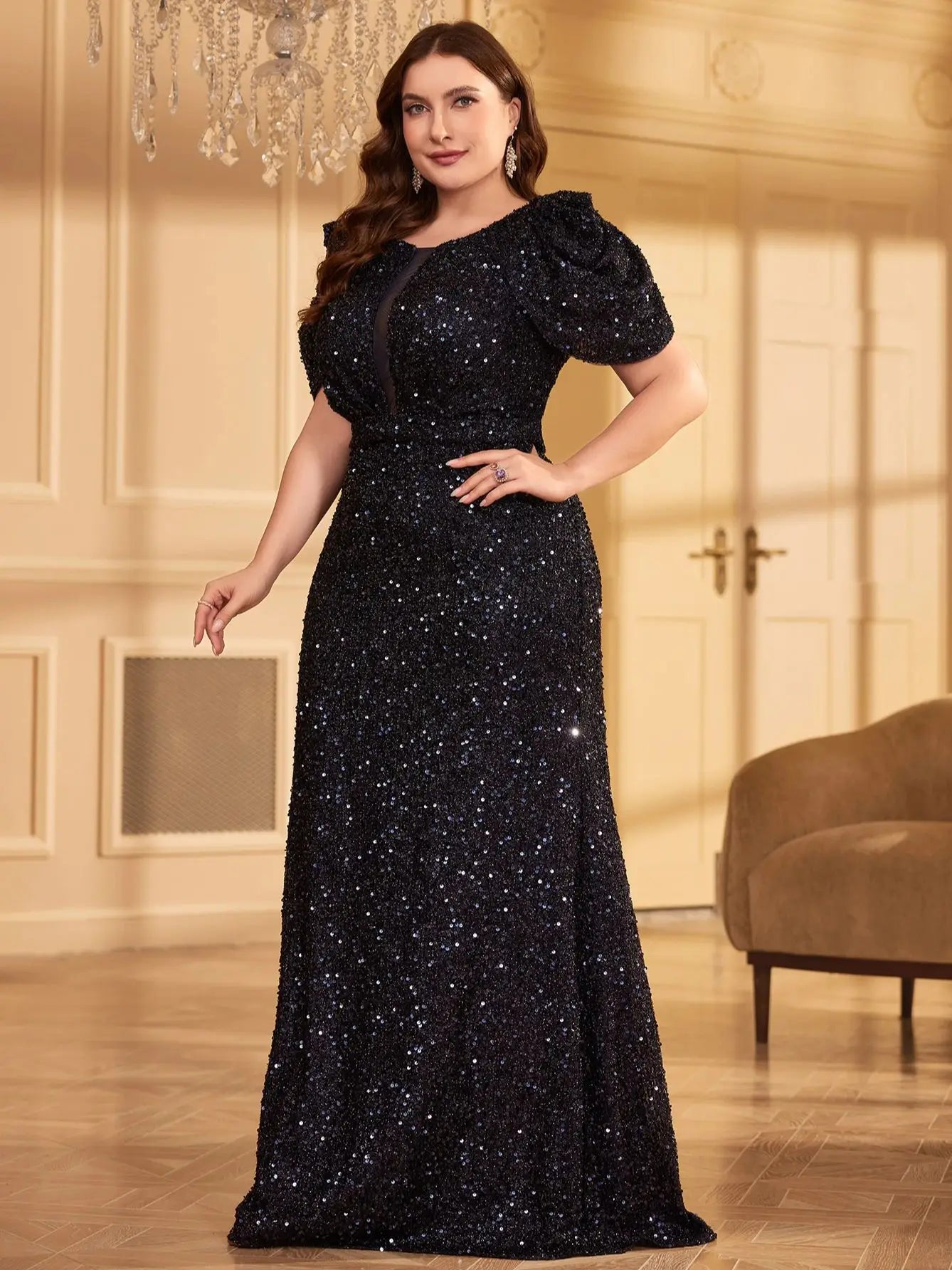 FZ Women's Plus Size V-Neck Short Sleeve Glitter Evening Dress