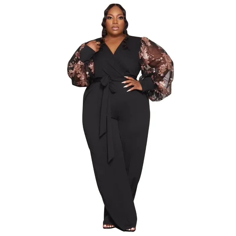 FZ Women's Plus Size Floral Puff Long Mesh Sleeve Wide Leg Straight Jumpsuit