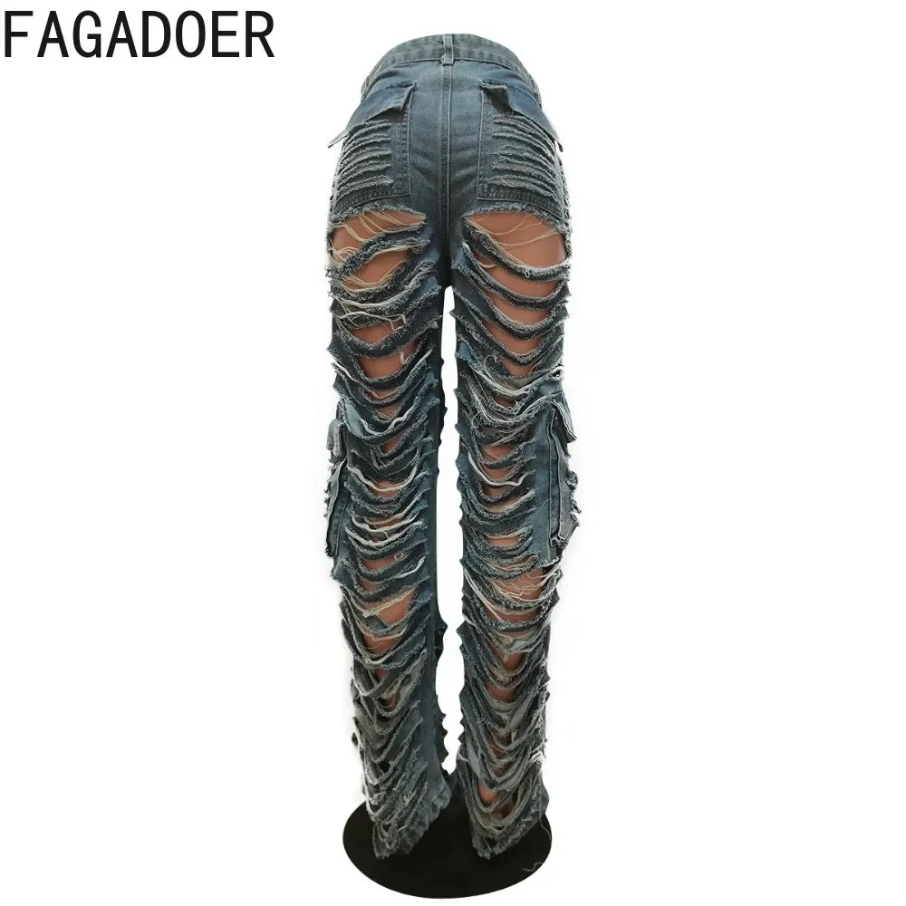 FZ Women's Fashion Y2K High Waisted Button Hole Straight  Denim Pants - FZwear