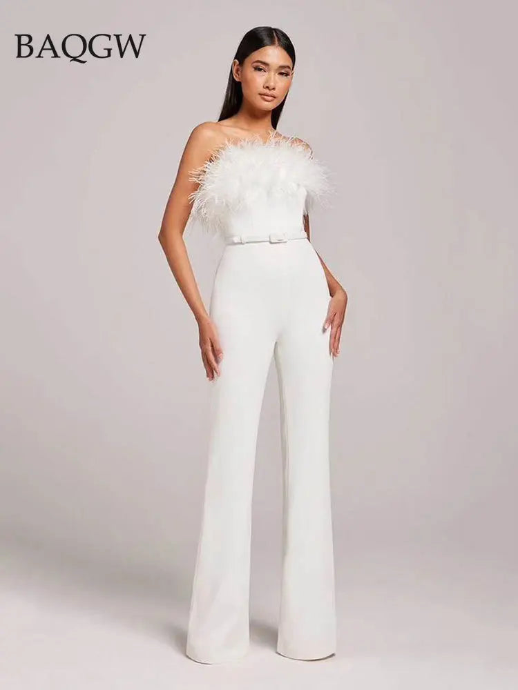 FZ Women's Strapless Sleeveless Off Shoulder Feather Jumpsuit - FZwear