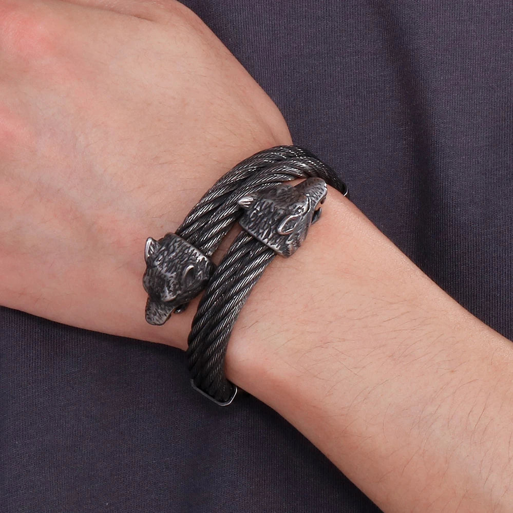 FZ Retro Elastic Wolf Head Open Cuff Twist Chain Stainless Steel Bracelet - FZwear