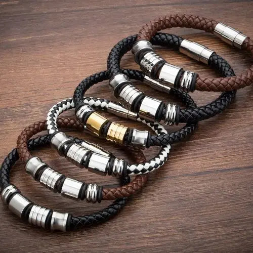 FZ Unisex Stainless Steel Vintage Charm Leather Bracelet - FZwear