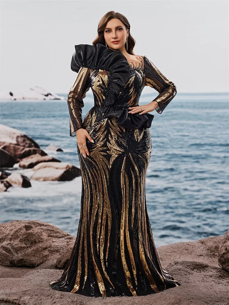 FZ Women's Plus Size Ruffled Sequins Long Sleeve Mermaid Evening Dress