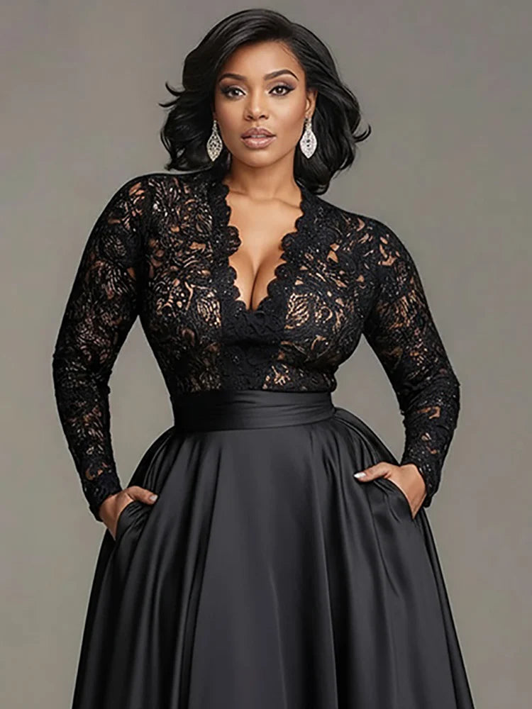 FZ Women’s Plus Size Lace Hollow Out Black V-Neck Cocktail  Maxi Evening Dress