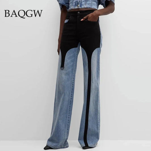 New Design Streetwear Women's High Waisted Jeans Straight Pants Color Block Patchwork Spring Autumn Casual Denim Pants Trousers